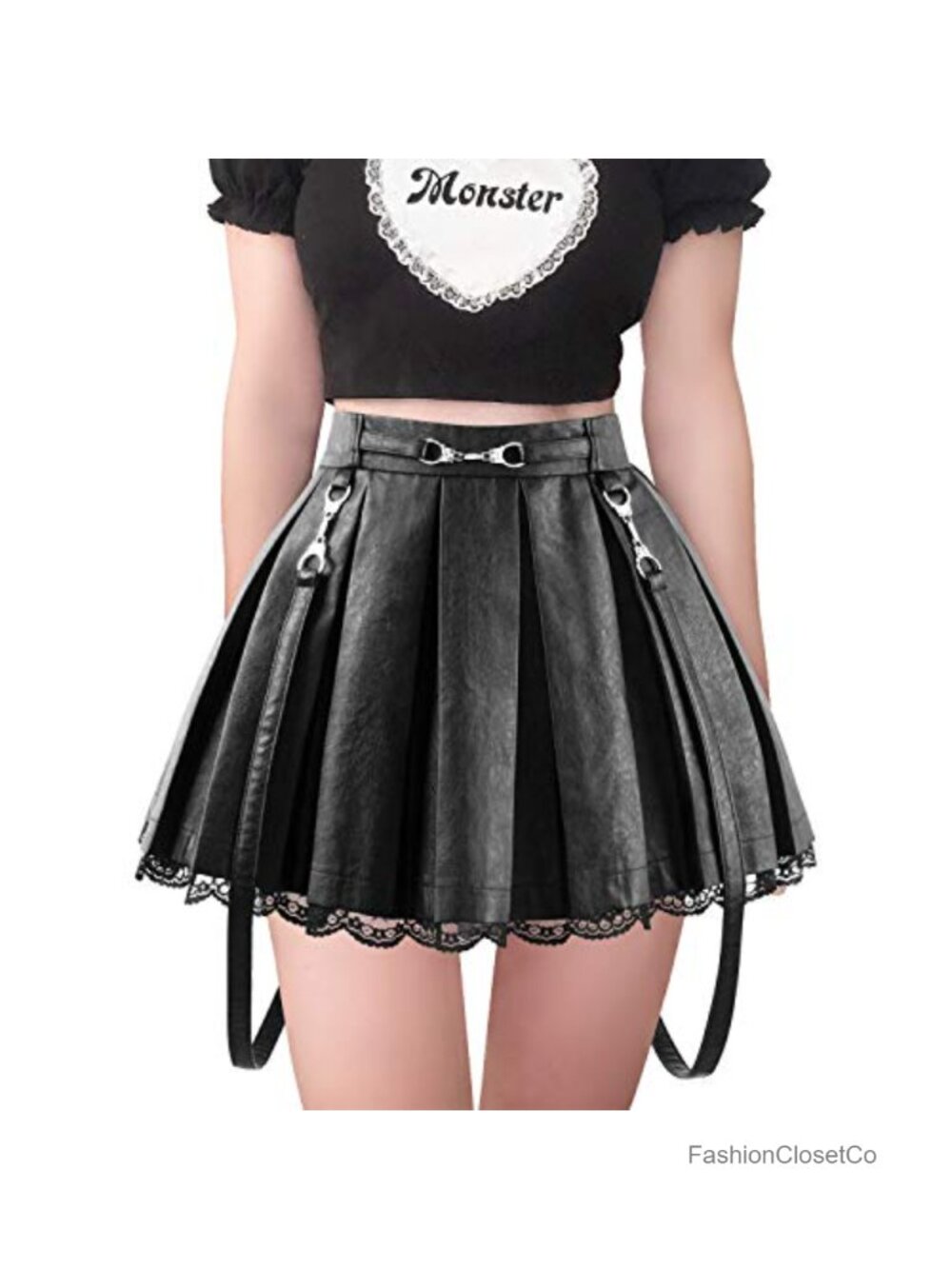 Faux Leather Pleated A-Line Mini Skirt with Lace Trim and Handcuff Detail